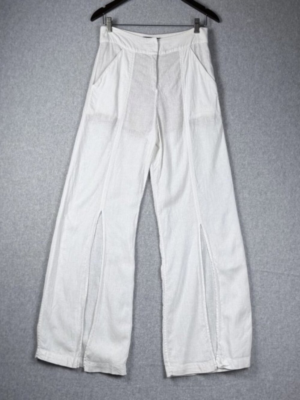 ViX Paula Hermanny White Linen Wide Leg Pants Front Slit Hem Resort Trousers M